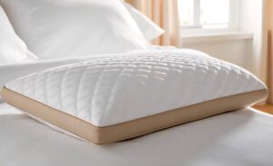 A close-up of a rectangular pillow resting on white bedding, featuring a plush, white quilted top with a diamond pattern and a smooth, light tan side gusset.