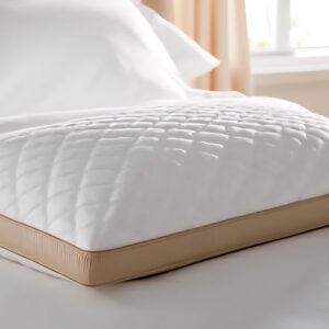 A close-up of a rectangular pillow resting on white bedding, featuring a plush, white quilted top with a diamond pattern and a smooth, light tan side gusset.